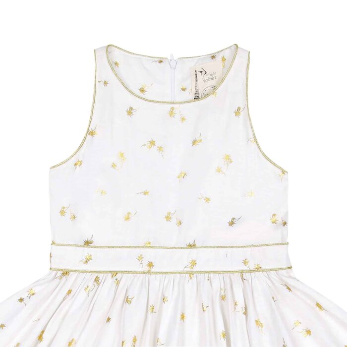 Off-white linen formal dress with gold printed coconut trees for girls