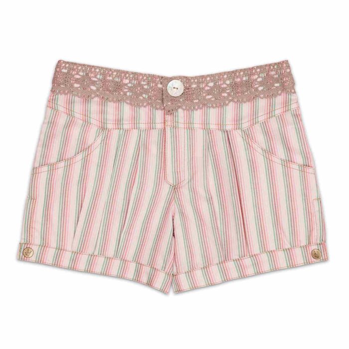 Joli short d'été à rayures rose et bleu, avec de la dentelle beige sur la taille pour filles. Jupe de la marque de mode pour enfants et ados LA FAUTE A VOLTAIRE.