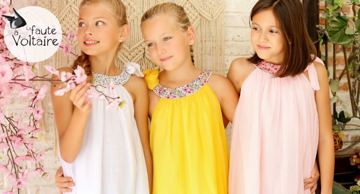 Mode enfant collection été avec robes de cérémonie, robes de cortège blanche, rose, jaune, dorée pour filles et ados de 2 à 16 ans