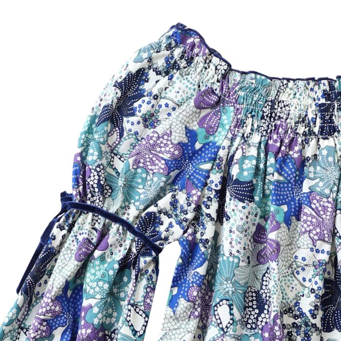 pretty blouse for girls and teenagers from 2 to 16 years old, long sleeves, elastic smocks collar, liberty flowers colors blue, navy blue, lilac, purple from the french fashion brand for children LA FAUTE A VOLTAIRE