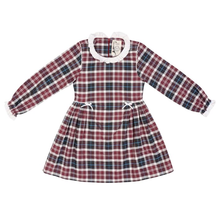 Cute purple, blue and white checkered cotton girl's winter dress with long sleeves and white collar from the children's fashion brand LA FAUTE A VOLTAIRE