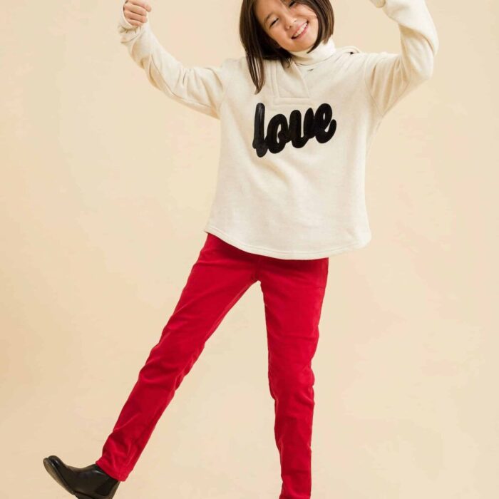 Red elastic velvet slim fit pants for girls and young women from the children's fashion brand La faute a Voltaire