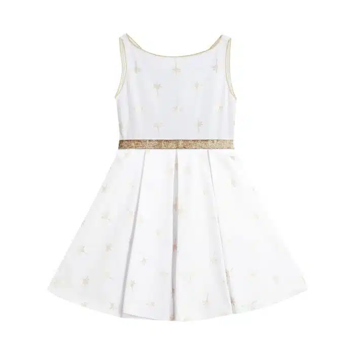 Magnifique robe de cérémonie en lin blanc imprimé palmiers dorés et ceinture paillettes dorées, pour filles et ados de 2 à 16 ans de la marque de mode LA FAUTE A VOLTAIRE