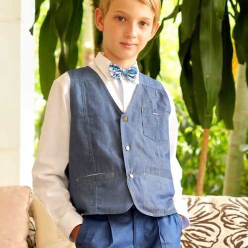 Gilet de costume sans manche chic pour les cérémonies, en coton bleu denim pour garçons et ados de 2 à 16 ans de la marque de mode pour enfants La Faute à Voltaire