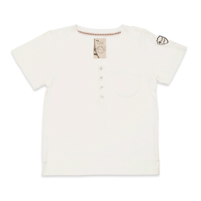 Eté comme hiver, on craque pour cet indispensable t-shirt à col v et manches courtes en coton jersey blanc pour garçons de la marque de mode pour enfants La Faute à Voltaire