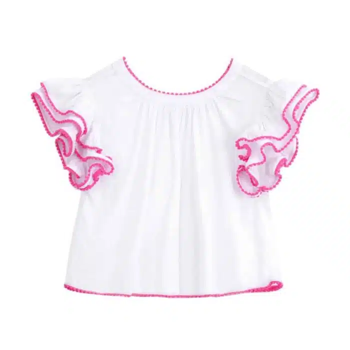 Jolie blouse blanche été fille, coupe ample et confortable, à manches papillon. Originale avec sa double rangée de volants sur les manches bordés de pompons rose fuchsia. Col V dans la nuque, bas de la blouse soulignés de pompons rose fuchsia. Blouse été pour filles, fillettes et ados de 2 à 16 ans, de la marque de mode pour enfants LA FAUTE A VOLTAIRE