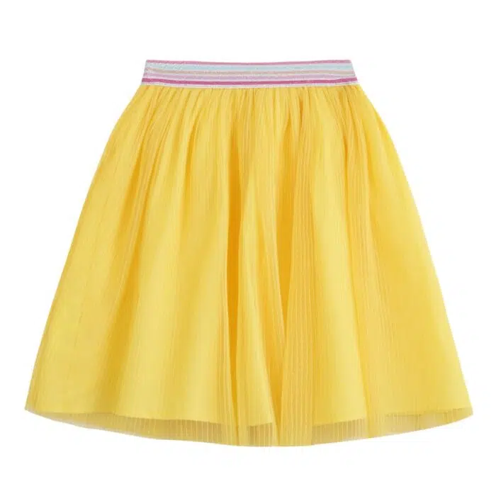 Offrez cette Lumineuse Jupe d'Été en Voile Jaune pour Fille à la Taille Élastique à Paillettes Roses, Jaune, Bleu, Argent de la Marque de Mode Enfantine Française La Faute à Voltaire.