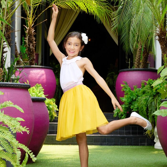 Jolie jupe en voile jaune et ceinture élastique à paillettes multicolore pour fille, fillettes et ados de 2 à 16 ans