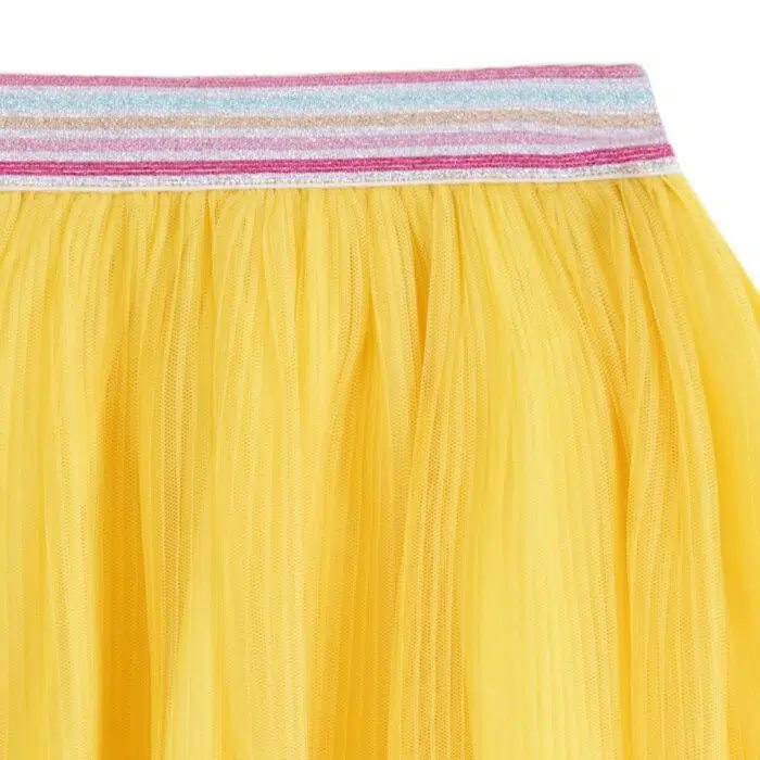 Offrez cette Lumineuse Jupe d'Été en Voile Jaune pour Fille à la Taille Élastique à Paillettes Roses, Jaune, Bleu, Argent de la Marque de Mode Enfantine Française La Faute à Voltaire.