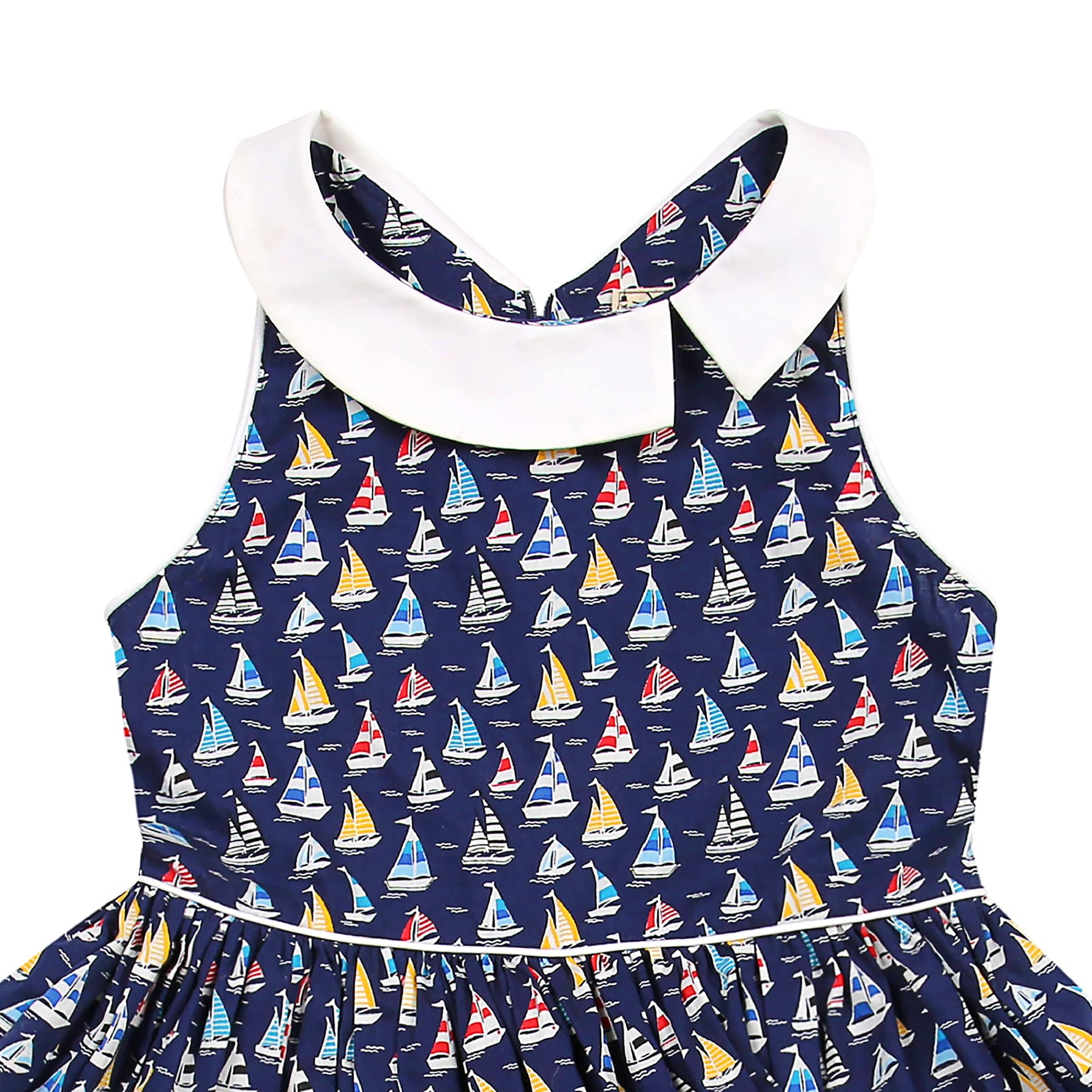 Craquez pour cette Magnifique Robe qui Tourne à l'esprit Rétro Chic en Coton Bleu Marine imprimé Voiliers Multicolore pour les Filles et Fillettes de 2 à 14 ans de la Marque de Mode Vêtements pour Enfants La Faute à Voltaire.