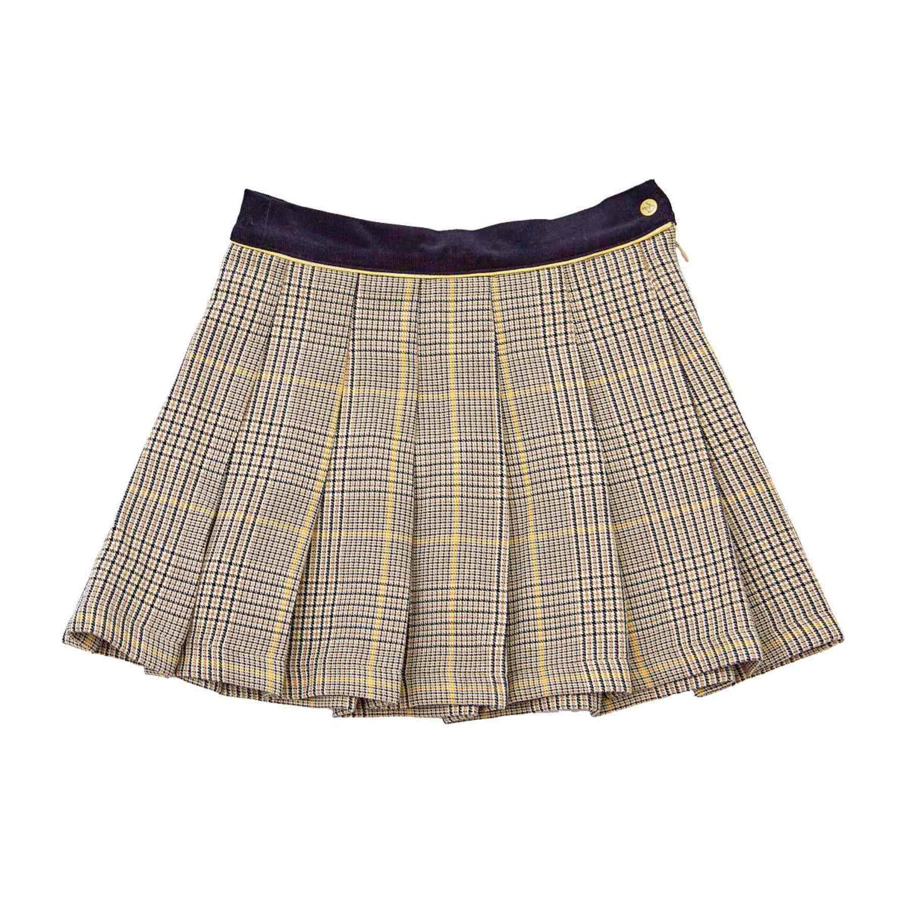 Une Superbe Jupe Plissée en Laine Mélangée Tweed à Carreaux Marron, Beige, Jaune et Noir et Ceinture Contrastée en Velours Noir avec biais Doré très Chic pour Filles, Fillettes et Ados de 2 à 16 ans de la Marque de Mode Française Chic pour Enfant La Faute à Voltaire
