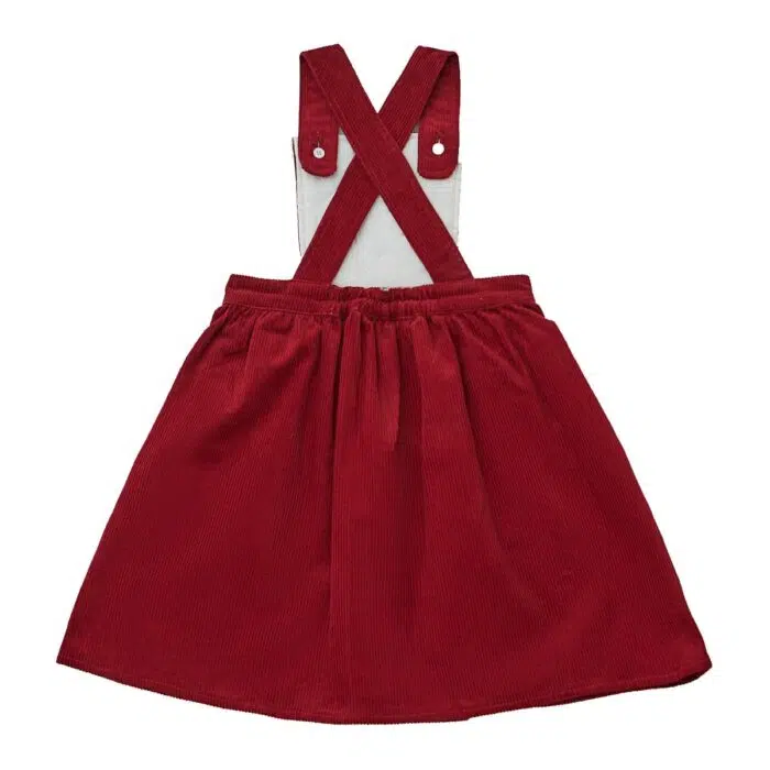 Robe salopette en velours bordeaux avec bretelles croisées dans le dos pour fille de la marque créateur française en commerce équitable LA FAUTE A VOLTAIRE