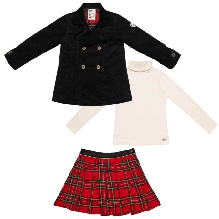 Magnifique Cadeau pour Fille, Ensemble Hiver composé d'un Manteau Noir intérieur Carreau Tartan, Une Jupe Plissé Rouge Tartan Écossaise ainsi qu'un Col Roulé Beige de la Marque de Vêtements pour Enfants LA FAUTE A VOLTAIRE