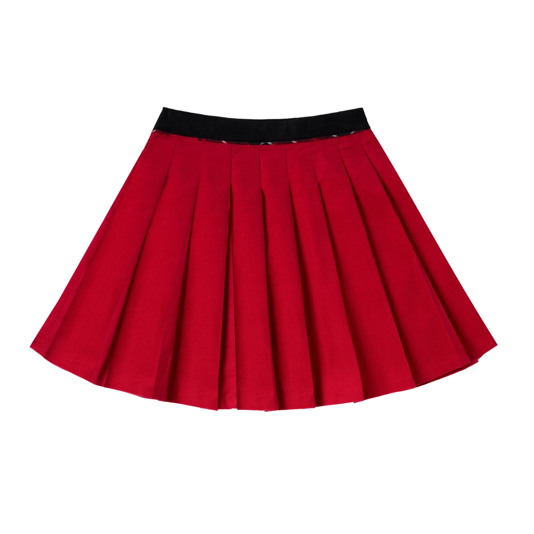 Une Élégante Jupe Plissée en Fin velours Rouge Contrasté d'une Ceinture de Velours Noir avec un petit Biais de Carreaux Tartan Rouge. Idéale en Tenue Chic pour Noël et pour toutes les Sorties Chics en Famille. Modèle de Jupe "London" de la Marque de Mode Française pour Enfants La Faute à Voltaire.