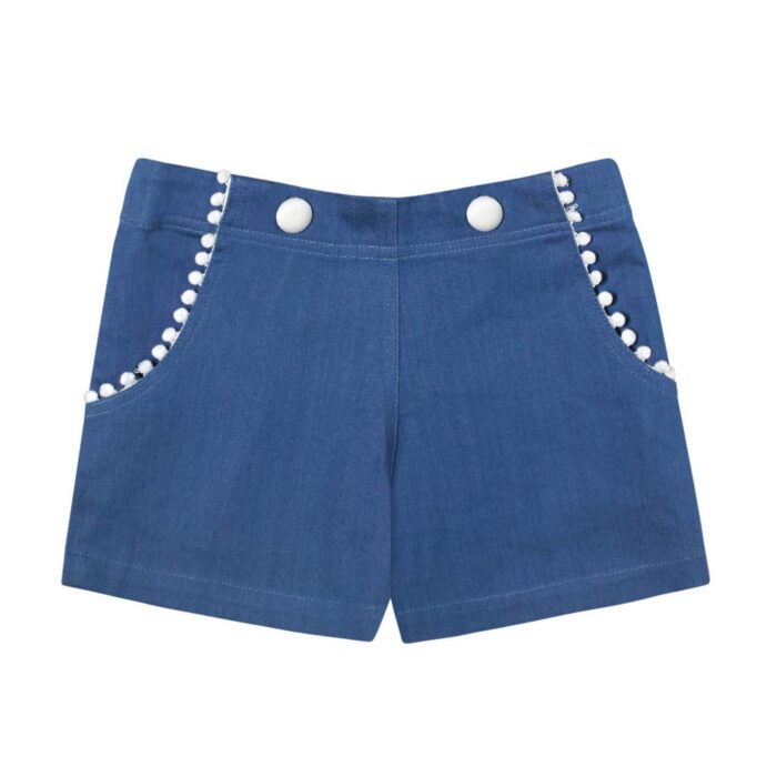 Un adorable short été en coton bleu ciel d'inspiration short marin pour fille et fillette de 2 à 16 ans de la marque de mode Française pour enfant La Faute à Voltaire