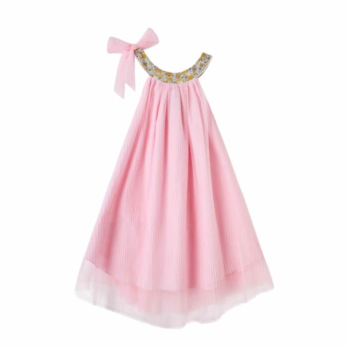 Pour Filles, Fillettes et Ados de 2 à 16 ans, une Magnifique Robe de Cérémonie Fille en Voile Rose Poudré et Col Arrondi en Coton Fleuri Liberty Jaune Pastel pour Demoiselle d'Honneur. Robe de Cortège Bohème Chic de la Marque de Mode Française pour Enfants produite en Commerce Équitable La Faute à Voltaire/ C'est la faute à Voltaire.