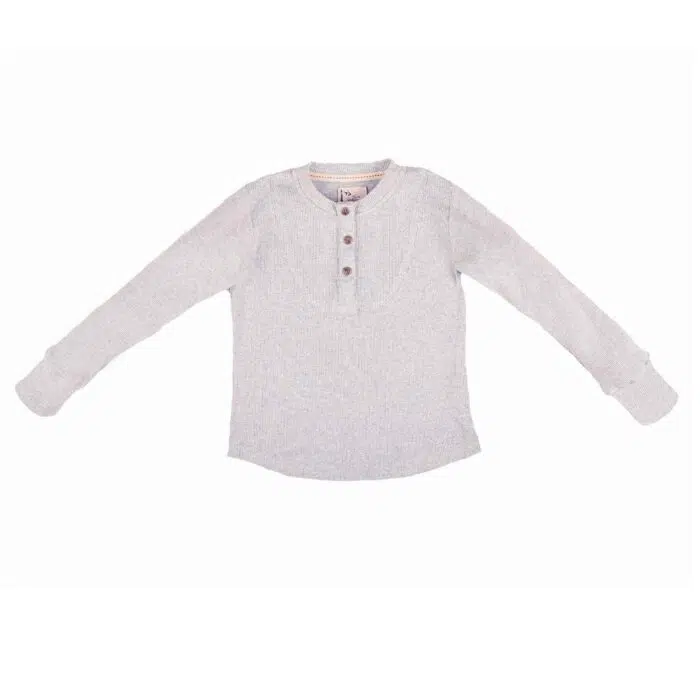 Confortable tee-shirt en coton gris à manches longues pour l'intersaison avec col rond et boutons pressions pour garçons de 2 à 12 ans de la marque de mode pour enfants La Faute à Voltaire