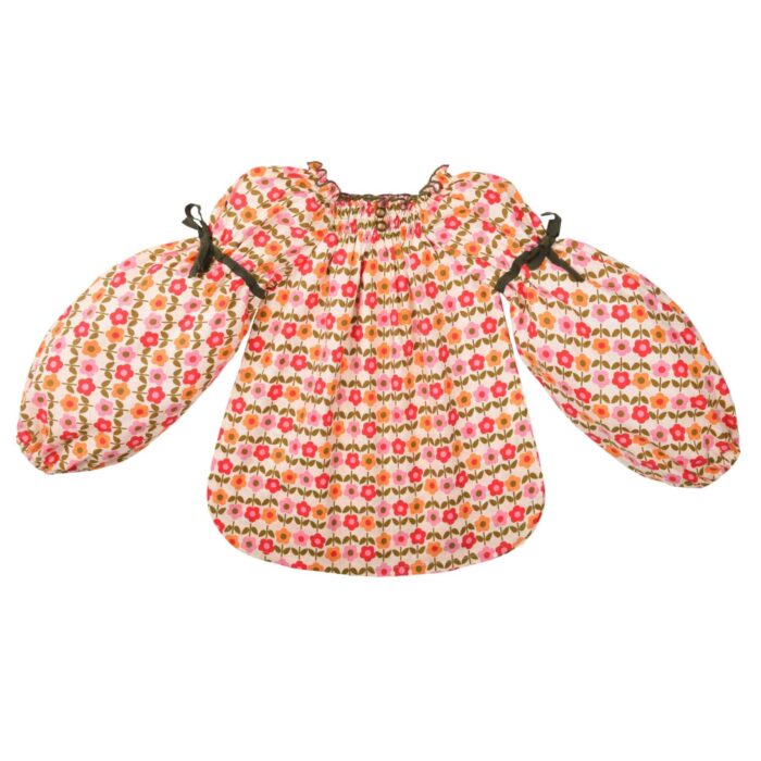 Blouse automne hiver pour fille de 2 à 16 ans en coton fleurie liberty rouge et jaune à manche ballon et col smocks de la marque de mode pour enfants en commerce équitable LA FAUTE A VOLTAIRE