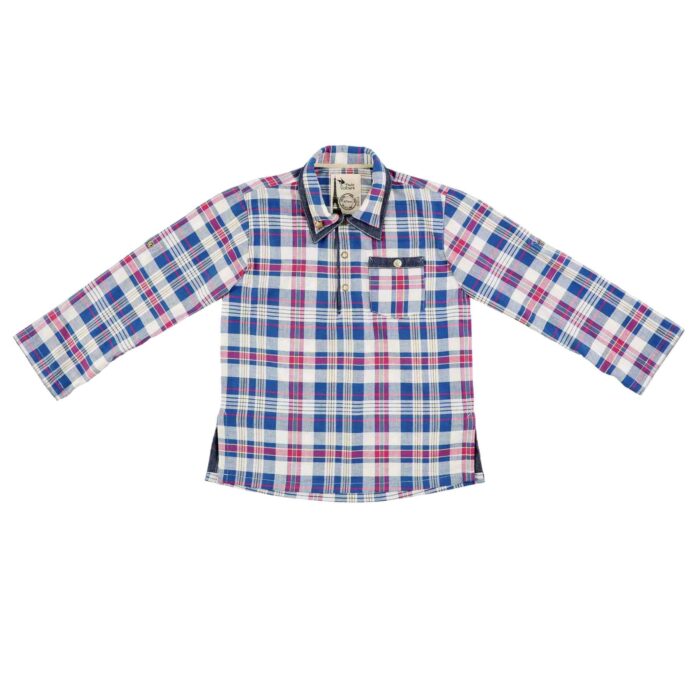 Chemise en coton carreaux bleu et rouge avec col pointu fermé avec boutons pressions. Modèle chemise Hiver à manches longues pour pour garçons de 2 à 14 ans de la marque de mode pour enfants La Faute à Voltaire