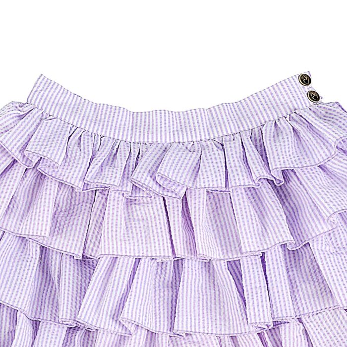 Jolie jupe d'été à volants en coton lilas, avec de fines rayures blanches pour filles et fillettes de 2 à 12 ans de la marque de mode pour enfants La Faute à Voltaire