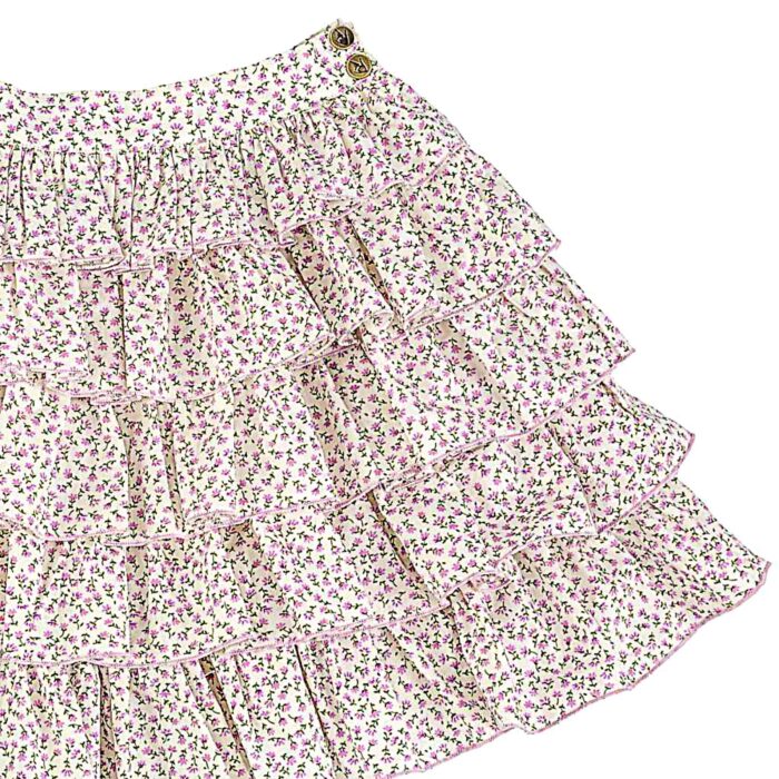 Adorable jupe d'été à volants en coton rose à motif fleurie liberty pour filles et fillettes de 2 à 12 ans de la marque de mode pour enfants La Faute à Voltaire