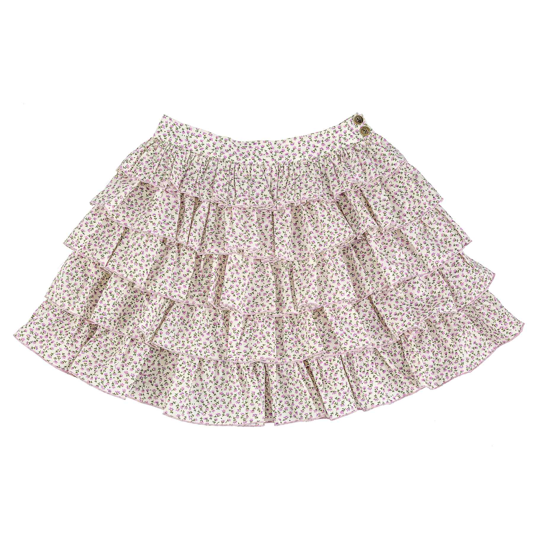 Adorable jupe d'été à volants en coton rose à motif fleurie liberty pour filles et fillettes de 2 à 12 ans de la marque de mode pour enfants La Faute à Voltaire