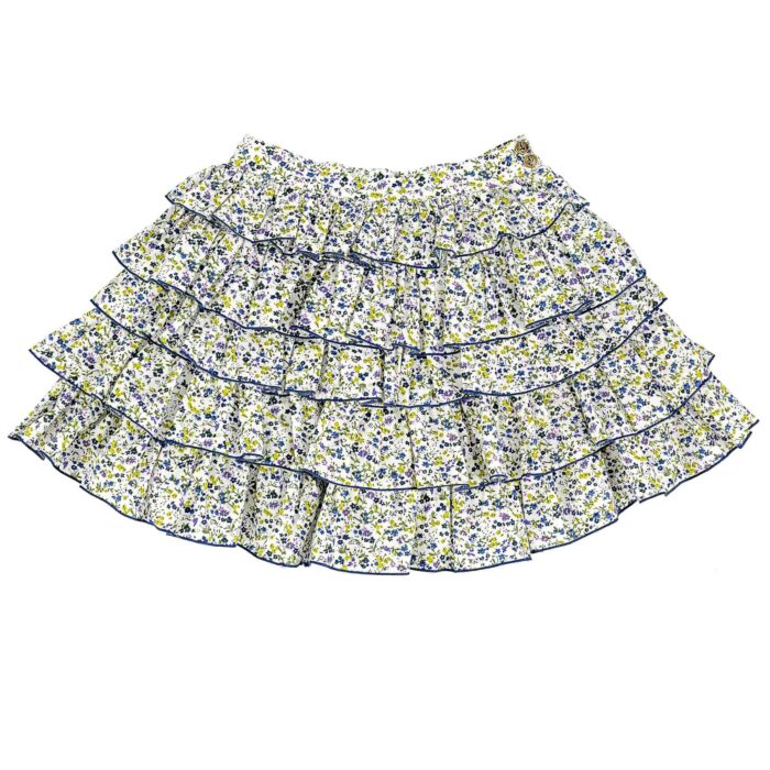 Adorable jupe d'été à volants en coton liberty bleu pour filles et fillettes de 2 à 12 ans de la marque de mode pour enfants La Faute à Voltaire