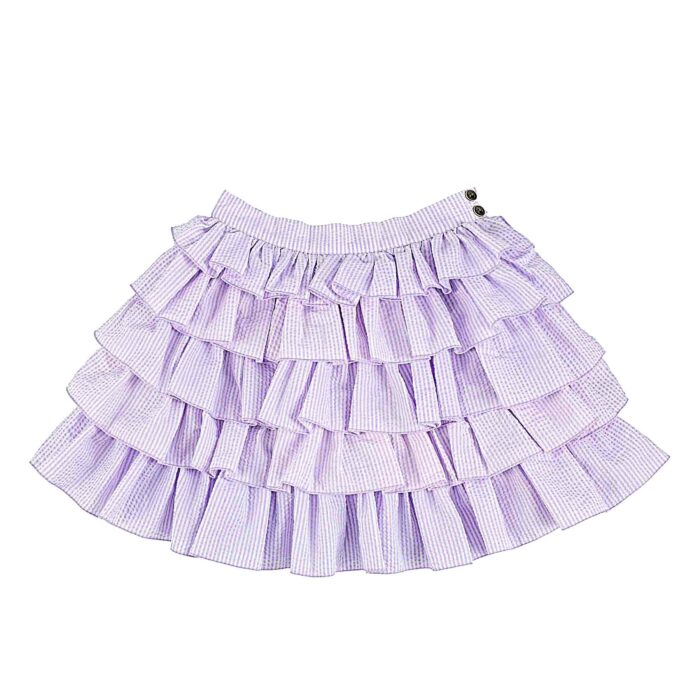 Jolie jupe d'été à volants en coton lilas, avec de fines rayures blanches pour filles et fillettes de 2 à 12 ans de la marque de mode pour enfants La Faute à Voltaire