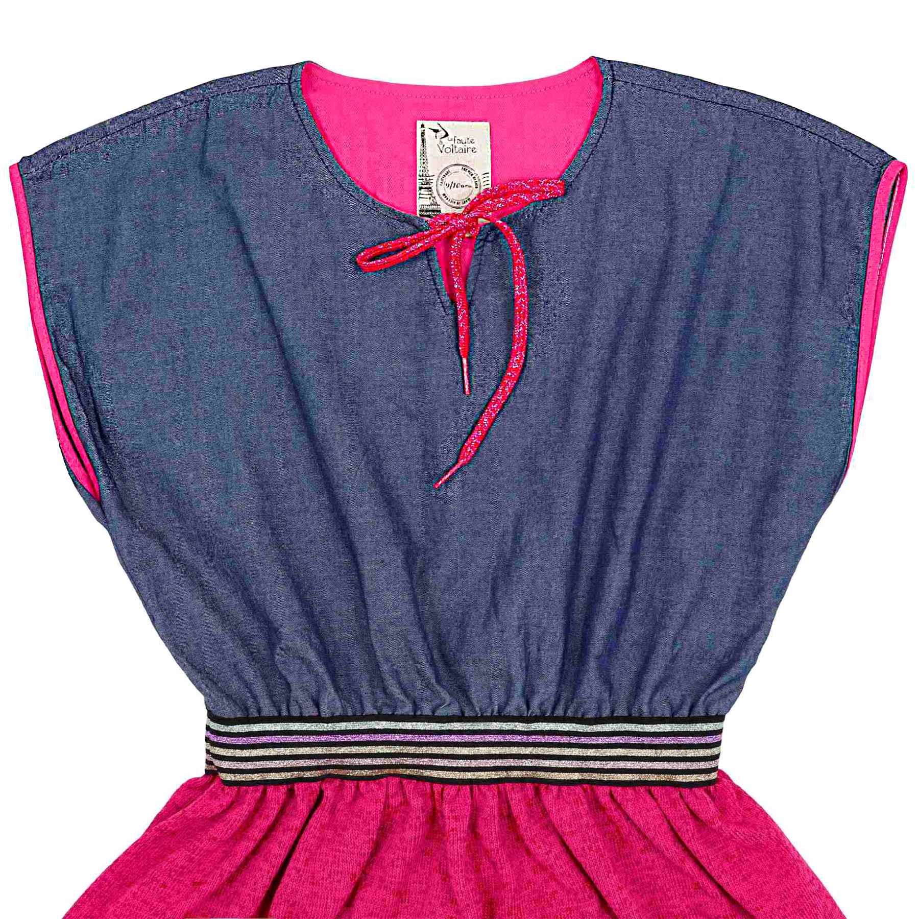 Jolie Robe d'intersaison pour Fille et Fillette de 2 à 16 ans, en doux coton denim et maille rose fushia avec une belle ceinture pailleté de la marque de mode pour enfants LA FAUTE A VOLTAIRE