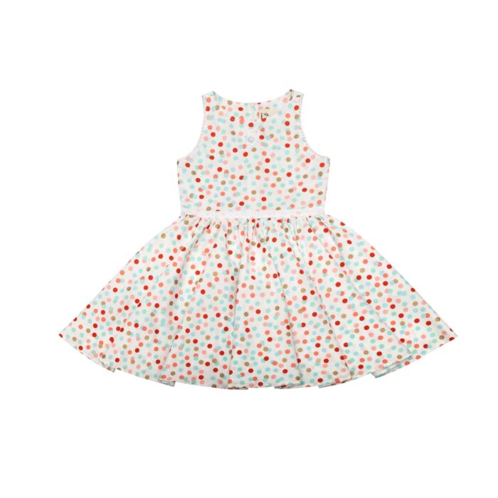 Magnifique robe qui tourne beige à pois colorés, parfaite pour l'été ou pour une cérémonie, pour fille et fillettes de 2 à 16 ans de la marque française pour enfants LA FAUTE A VOLTAIRE