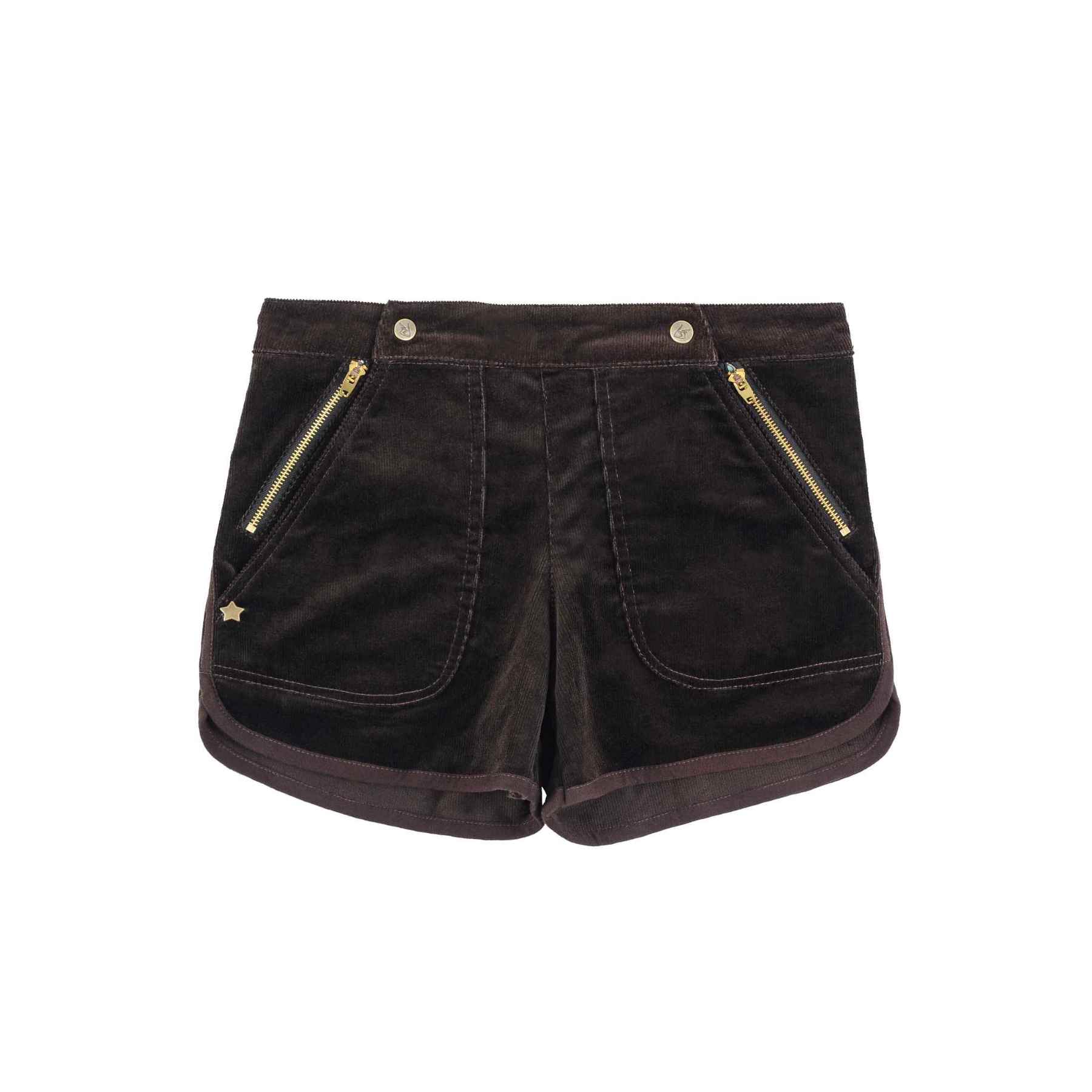 Joli short hiver pour petite fille en coton marron , avec des poches fermeture éclair doré avec une jolie étoile en bronze. Modèle short MIMI de la marque de mode pour enfants et ados LA FAUTE A VOLTAIRE.