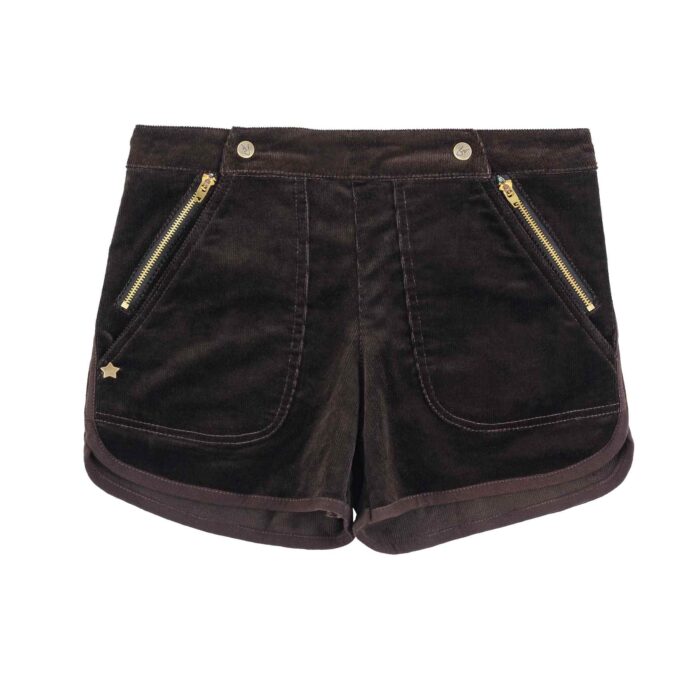 Joli short hiver pour petite fille en coton marron , avec des poches fermeture éclair doré avec une jolie étoile en bronze. Modèle short MIMI de la marque de mode pour enfants et ados LA FAUTE A VOLTAIRE.