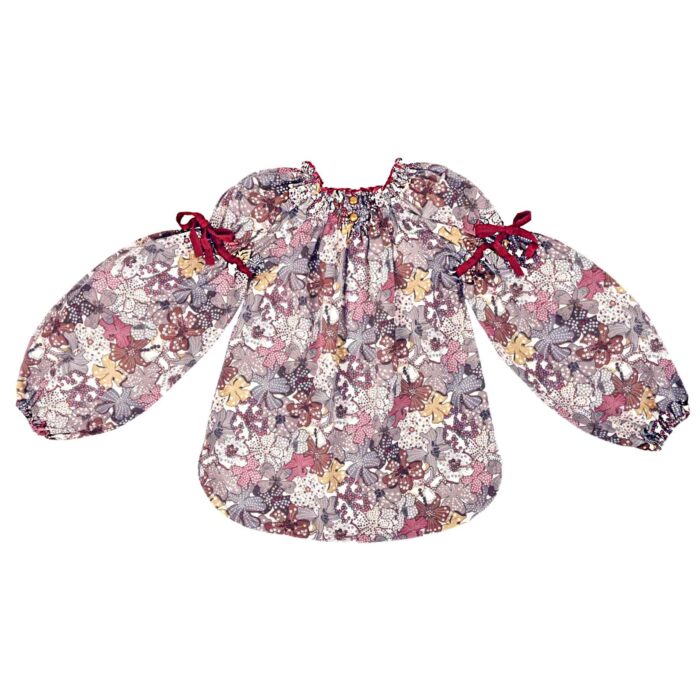 Magnifique blouse collection automne hiver pour fille et fillette de 2 à 16 ans en coton fleurie liberty bordeaux, gris, bleu, violet et kaki à manches longues ballons et col smocks de la marque de mode pour enfants en commerce équitable LA FAUTE A VOLTAIRE