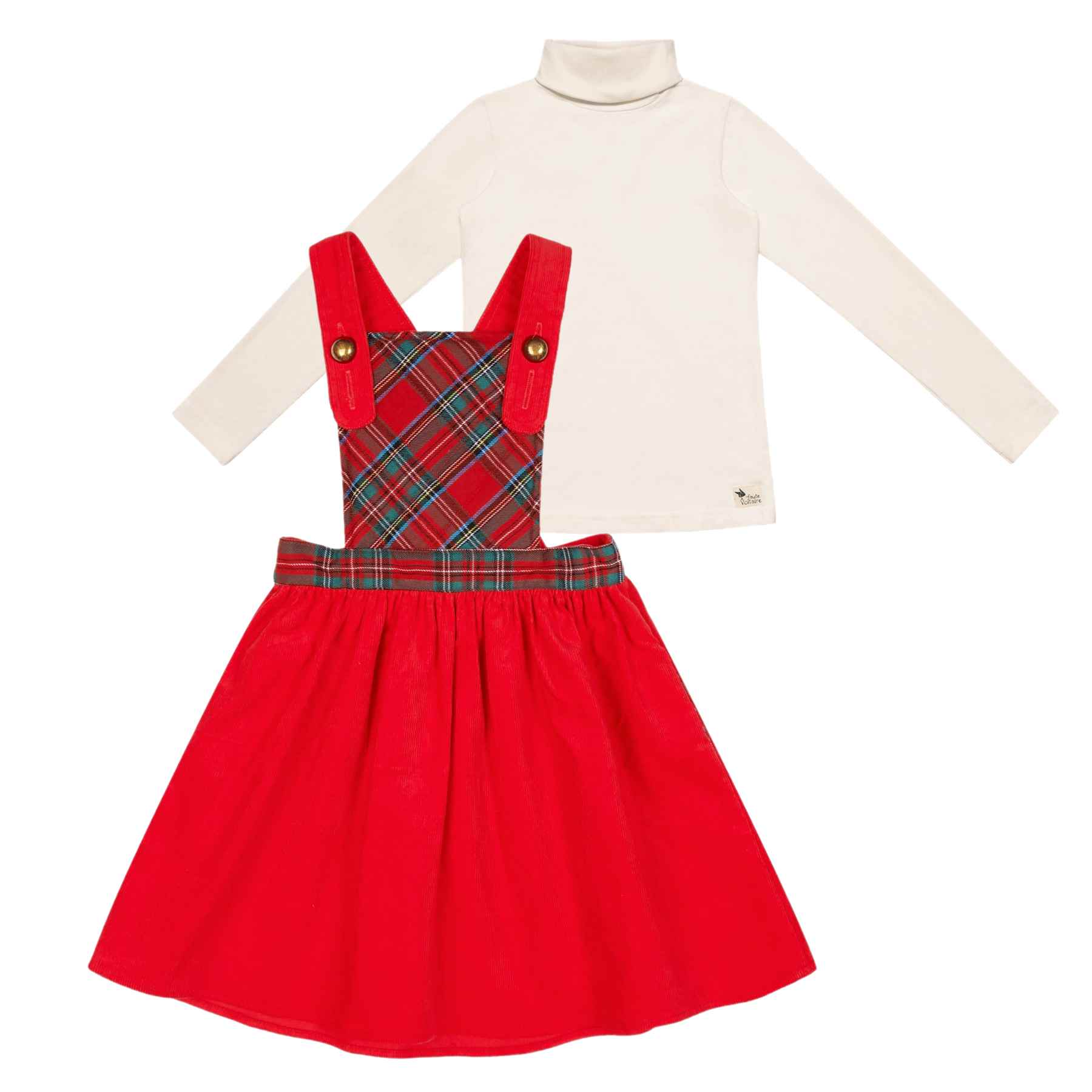 Magnifique ensemble de Noël pour filles, avec un pull col roulé en coton beige, délicat et confortable, et une robe salopette écolière en velours rouge et vert à carreaux tartan. Idéal pour les fêtes de Noël ou pour tous les jours. De la marque française de mode pour enfants La Faute à Voltaire.