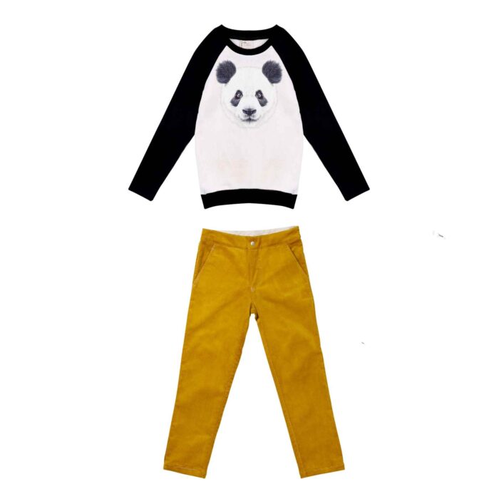 Magnifique ensemble d'hiver pour garçon composé d'un sweatshirt en coton blanc et noir à l'imprimé panda et d'un pantalon en velours extensible jaune de la marque de vêtements pour enfants LA FAUTE A VOLTAIRE.