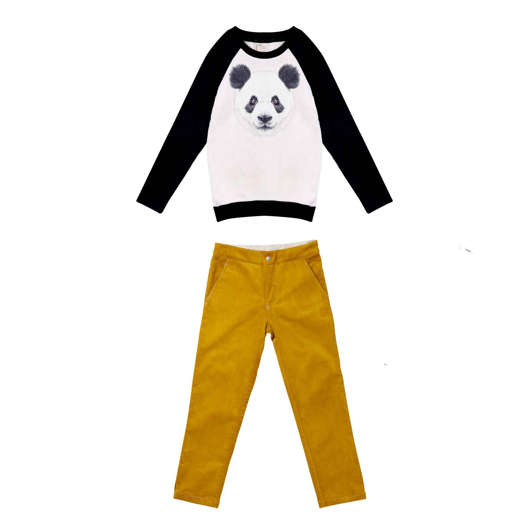 Parfait pour un cadeau pour garçon. Offrez un Magnifique ensemble d'hiver pour garçon composé d'un sweatshirt en coton blanc et noir à l'imprimé panda et d'un pantalon en velours extensible jaune de la marque de vêtements pour enfants LA FAUTE A VOLTAIRE.