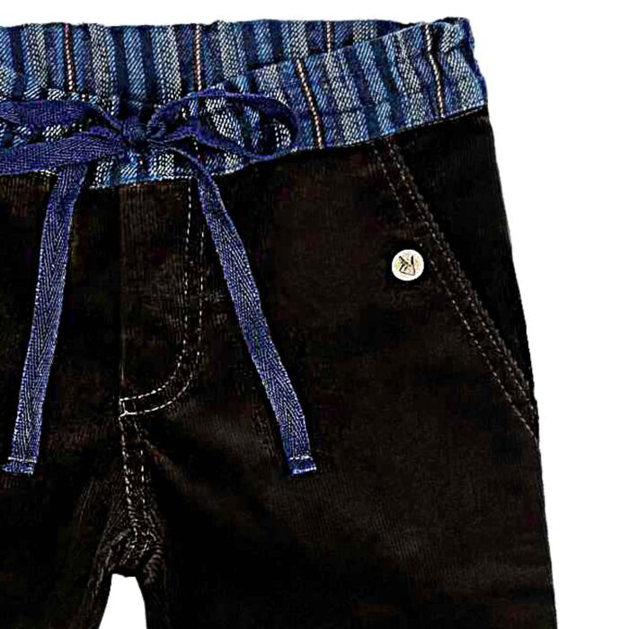 Beau Pantalon collection Automne Hiver en Velours Marron pour Garçon avec ceinture bleu marine à rayures et genouillère marron velours de la marque de mode pour enfants LA FAUTE À VOLTAIRE