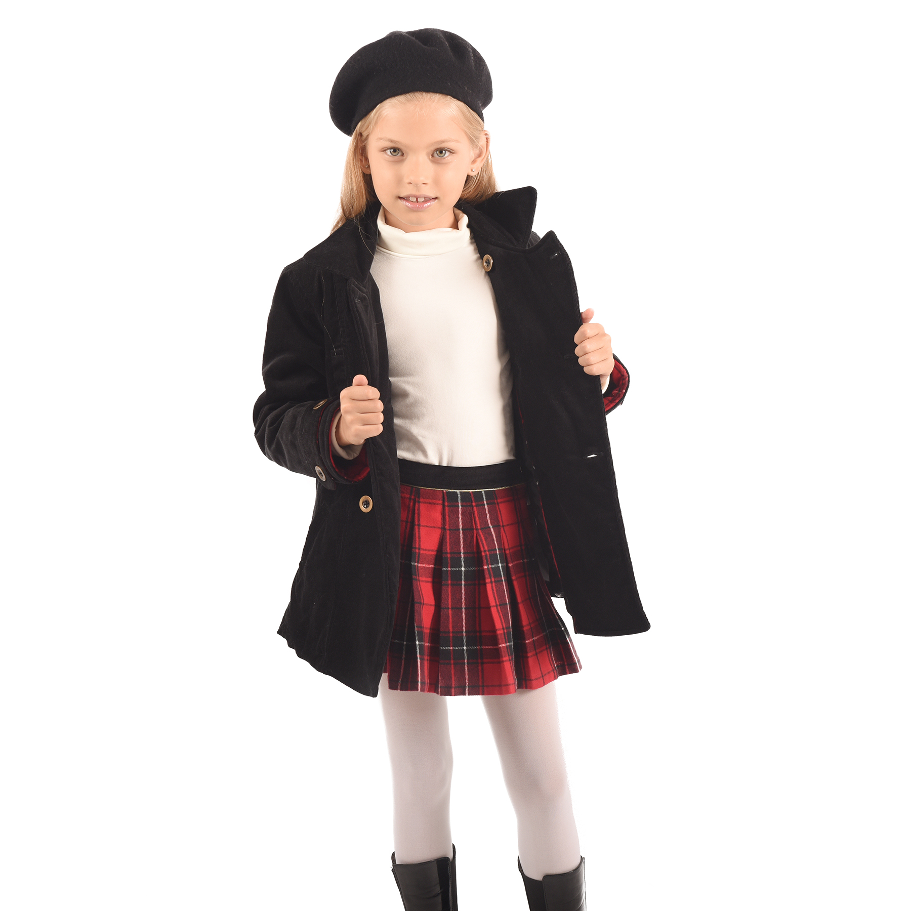 Magnifique Cadeau pour Fille, Ensemble Hiver composé d'un Manteau Noir intérieur Carreau Tartan, Une Jupe Plissé Rouge Tartan Écossaise ainsi qu'un Col Roulé Beige de la Marque de Vêtements pour Enfants LA FAUTE A VOLTAIRE