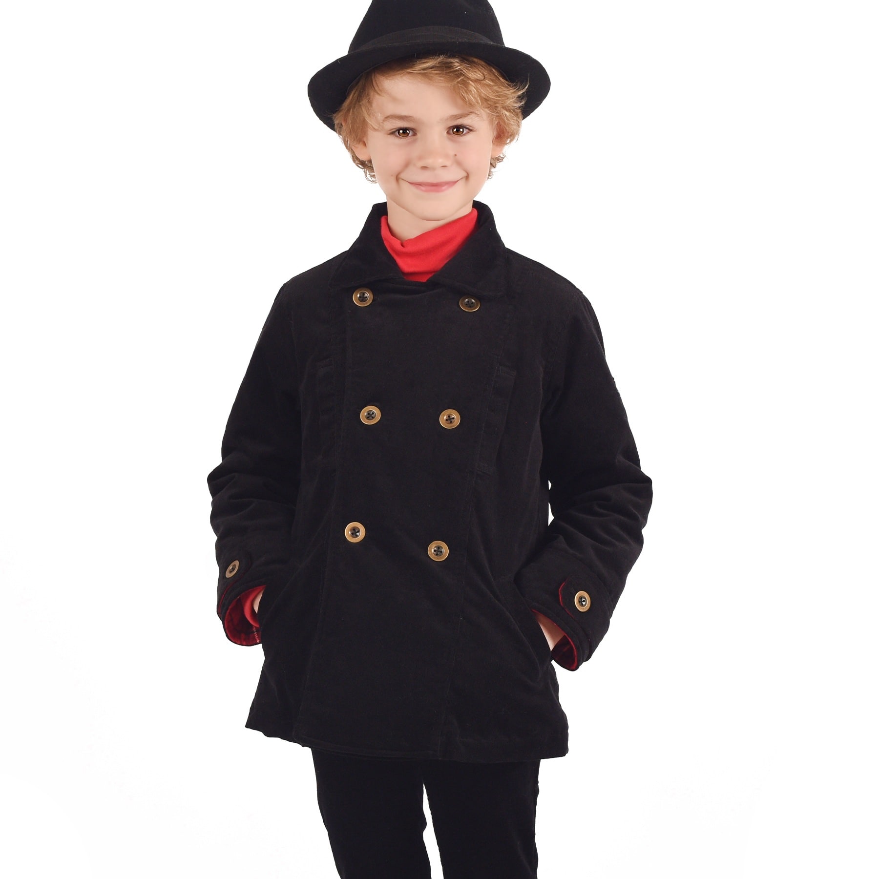 Parfait Cadeau de Noël pour Garçons, Un Manteau Caban Noir en Velours assorti à un Pantalon en Velours Noir intérieur Tartan Rouge avec un Col Roulé Rouge en Coton de la Marque pour Enfants LA FAUTE A VOLTAIRE