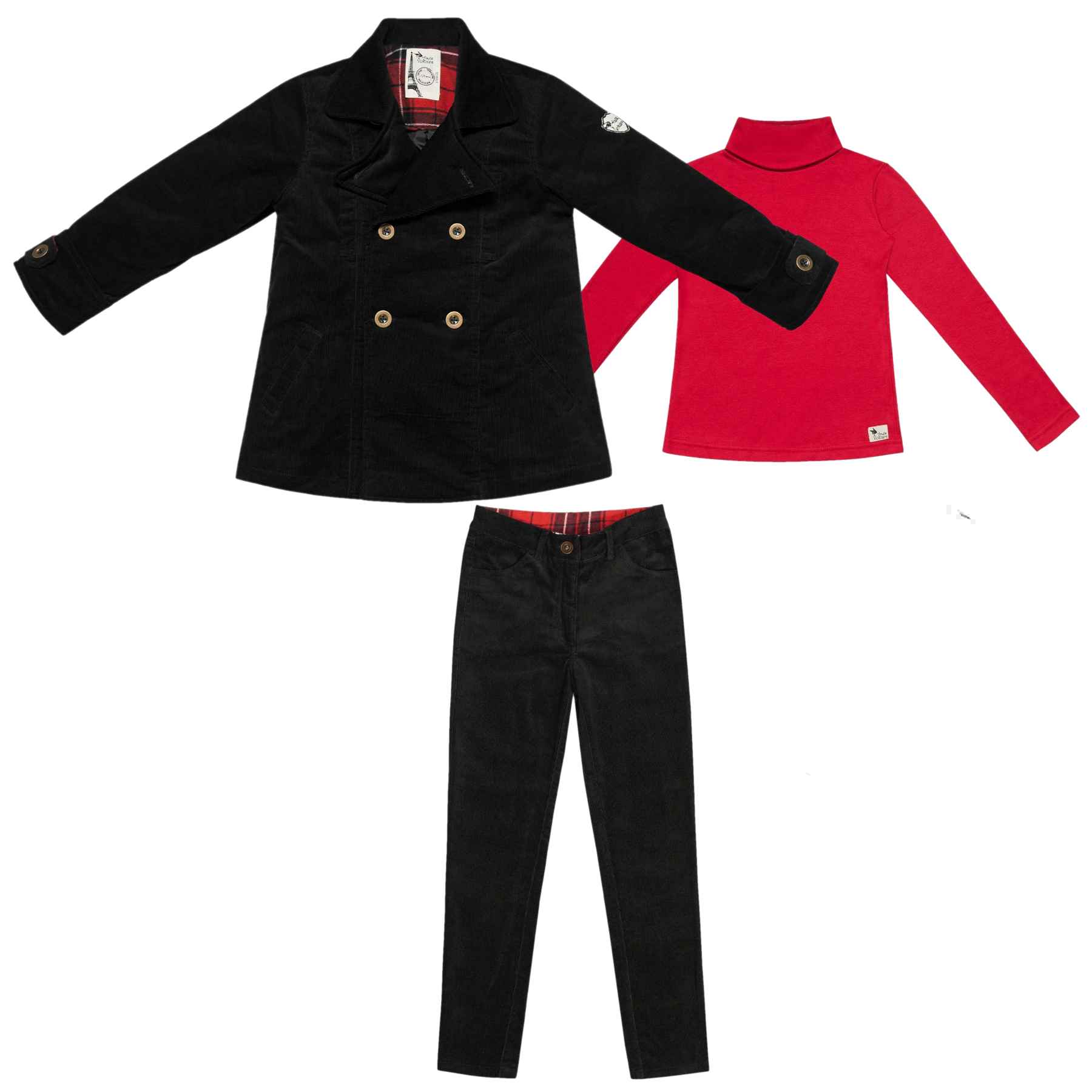 Parfait Cadeau de Noël pour Garçons, Un Manteau Caban Noir en Velours assorti à un Pantalon en Velours Noir intérieur Tartan Rouge avec un Col Roulé Rouge en Coton de la Marque pour Enfants LA FAUTE A VOLTAIRE