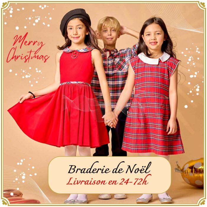 Braderie de Noël mode enfant des cadeaux pour fille et garçon de 2 à 16 ans. Offrez des vêtements de qualité jusqu'à -70% de réduction. Toutes les plus belles tenues de Noël avec des robes qui tournent en velours rouge et carreaux tartan rouge, chemise pour garçon en carreaux tartan. Marque de mode pour enfant Française depuis 2009 en commerce équitable La Faute à Voltaire.