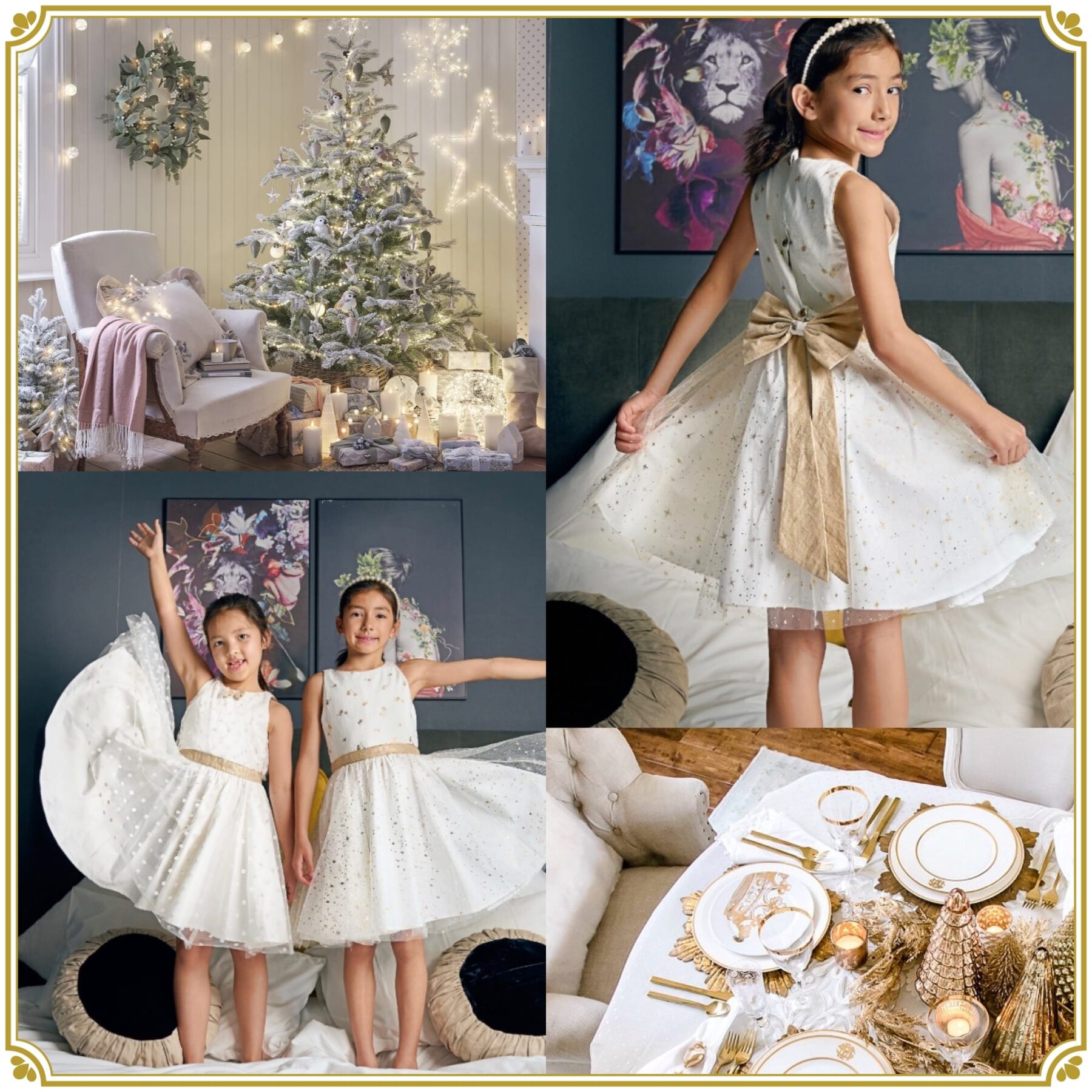 Un Noël tout en blanc et or avec une déco de Noël avec des guirlandes scintillantes, des boules de sapin blanches et or, des objets de décoration dorés sur la table et bien sûr de magnifiques robe blanches et dorées pour filles et fillettes de 2 à 16 ans de la marque de mode pour enfants La Faute à Voltaire.