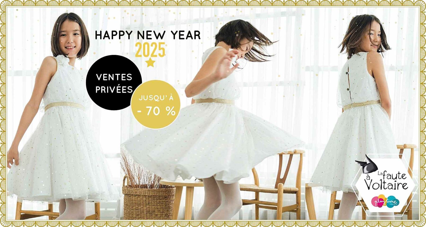 Bonne Année 2025 ! On craque pour cette Magnifique Robe de Soirée en Tulle Blanche et Paillettes Dorées pour Fille, Fillettes et Ados de 2 à 16 Ans assortie à son Caraco en Fausse Fourrure Beige toute Douce de la Marque de Mode Française pour Enfant La Faute à Voltaire.