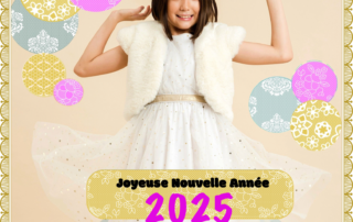 Bonne Année 2025 ! On craque pour cette Magnifique Robe de Soirée en Tulle Blanche et Paillettes Dorées pour Fille, Fillettes et Ados de 2 à 16 Ans assortie à son Caraco en Fausse Fourrure Beige toute Douce de la Marque de Mode Française pour Enfant La Faute à Voltaire.