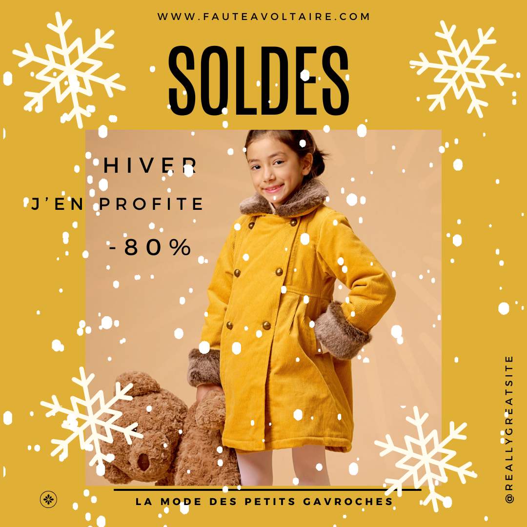 Profitez des Soldes Hiver Mode Enfant. Tous les Manteaux, Vestes, Parka, Robes Hiver et Été, Robes de Cérémonie, Robes qui Tournent, Chemises, Blouses, Pantalons et Shorts jusqu'à -70%. Faites les Soldes sur les Collections Vêtements Été et Hiver pour Filles et Garçon de la Marque de Mode Française pour Enfants La Faute à Voltaire.