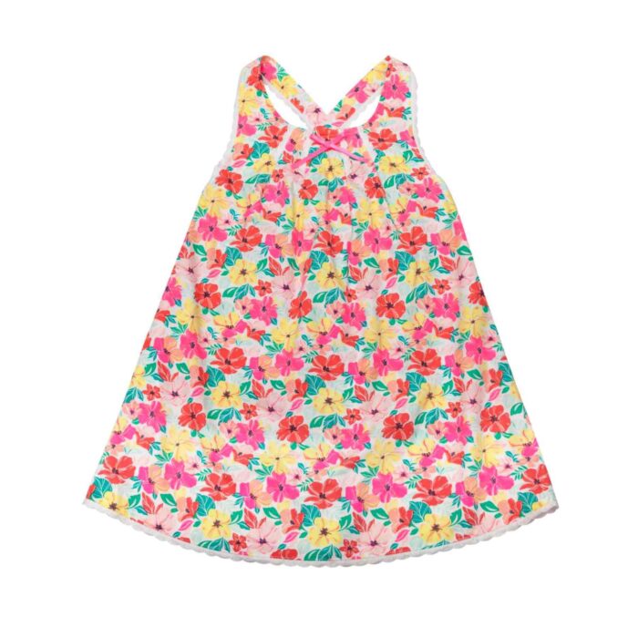 Découvrez cette jolie robe d'été à motif fleuri style hawaïen pour fille et fillette, avec ces fleurs de couleurs rose, rouge, vert et jaune sur un fond de tissu blanc. Pour toutes les Jeunes Filles, Fillettes et Ados de 2 à 16 ans. Mode Enfantine Chic et Tendance de la Marque Française LA FAUTE A VOLTAIRE.