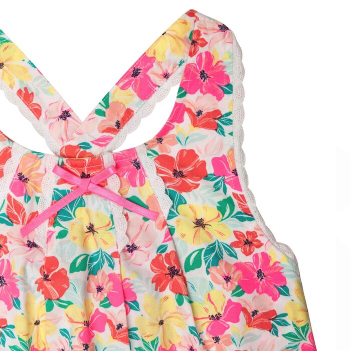 Découvrez cette jolie robe d'été à motif fleuri style hawaïen pour fille et fillette, avec ces fleurs de couleurs rose, rouge, vert et jaune sur un fond de tissu blanc. Pour toutes les Jeunes Filles, Fillettes et Ados de 2 à 16 ans. Mode Enfantine Chic et Tendance de la Marque Française LA FAUTE A VOLTAIRE.