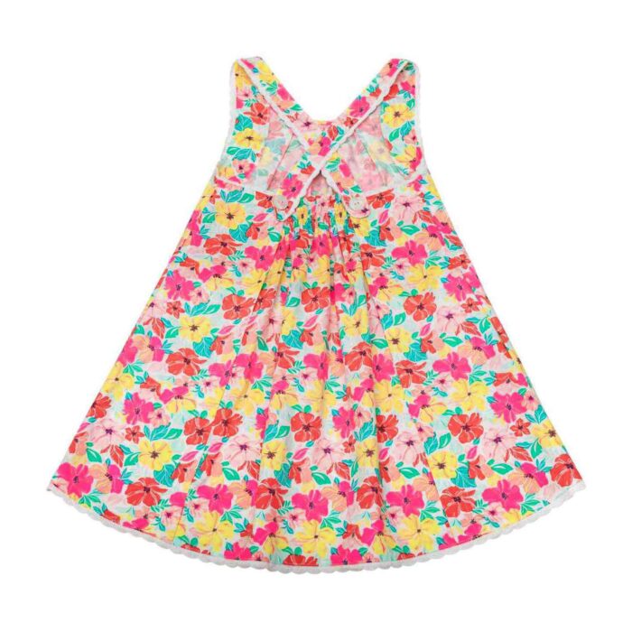 Découvrez cette jolie robe d'été à motif fleuri style hawaïen pour fille et fillette, avec ces fleurs de couleurs rose, rouge, vert et jaune sur un fond de tissu blanc. Pour toutes les Jeunes Filles, Fillettes et Ados de 2 à 16 ans. Mode Enfantine Chic et Tendance de la Marque Française LA FAUTE A VOLTAIRE.