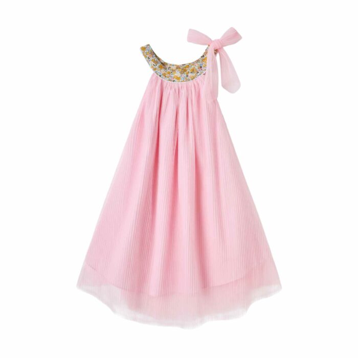 Pour Filles, Fillettes et Ados de 2 à 16 ans, une Magnifique Robe de Cérémonie Fille en Voile Rose Poudré et Col Arrondi en Coton Fleuri Liberty Jaune Pastel pour Demoiselle d'Honneur. Robe de Cortège Bohème Chic de la Marque de Mode Française pour Enfants produite en Commerce Équitable La Faute à Voltaire/ C'est la faute à Voltaire.