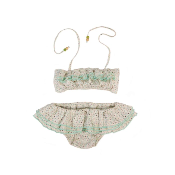 Maillot de bain bikini 2 pièces en coton fleuri liberty vert clair à volants et bretelles pour filles de 2 à 14 ans. La Faute à Voltaire, marque de mode chic pour enfants et en commerce équitable.
